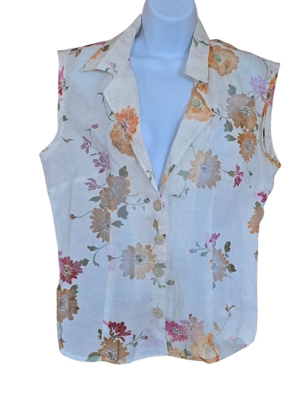 Floral Sleeveless Button Vest Lightweight Linen-Blend sheer boho nautical